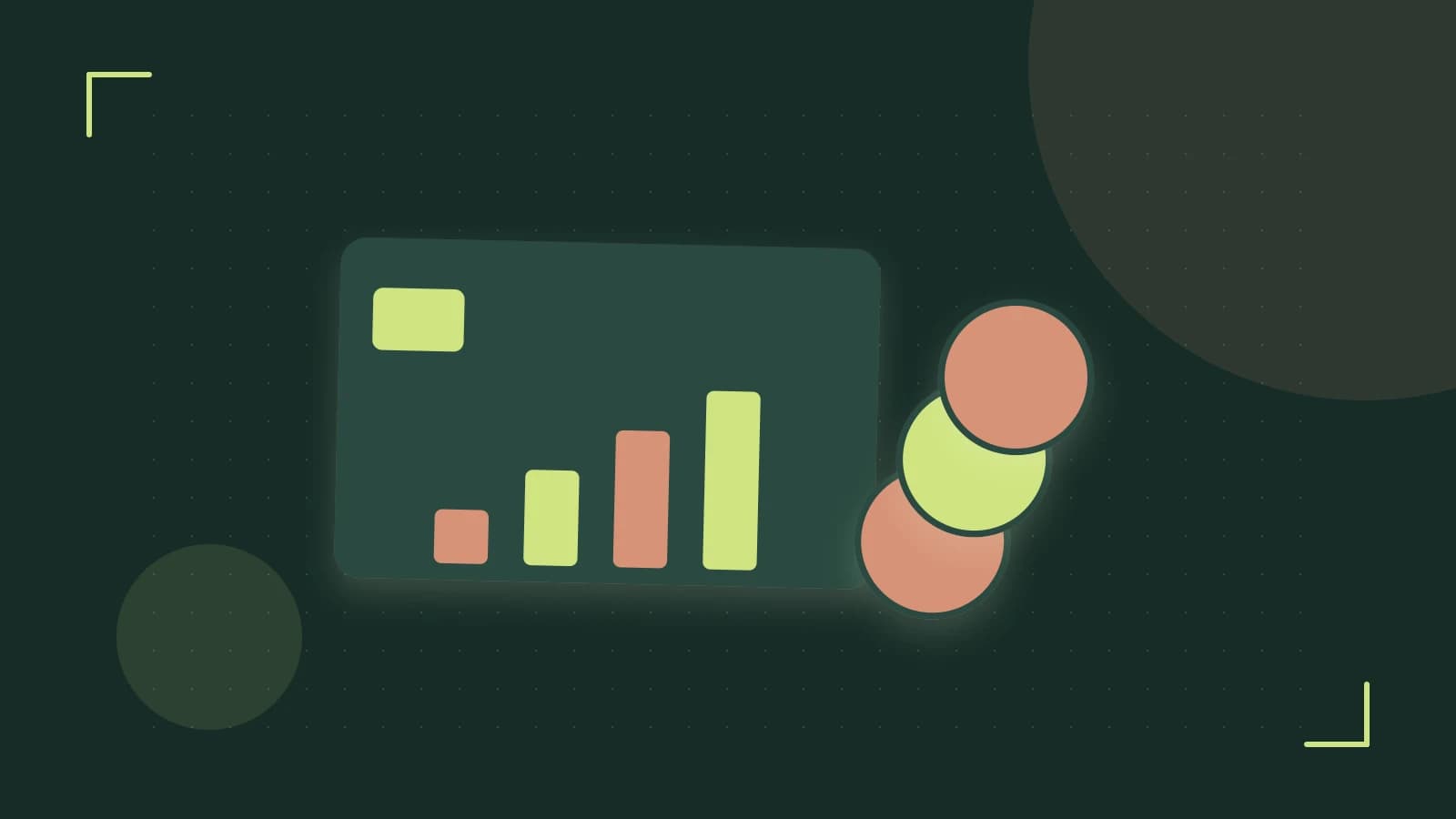 Editorial illustration of abstract coins, a payment card and a geometric financial chart without data labels