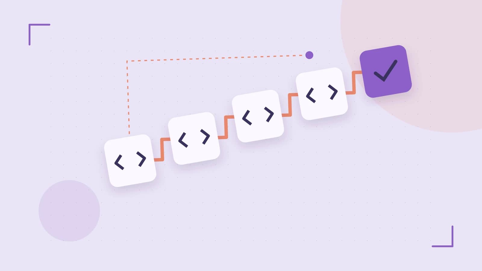 Editorial illustration of a branching build pipeline, staged transformations and a completed check