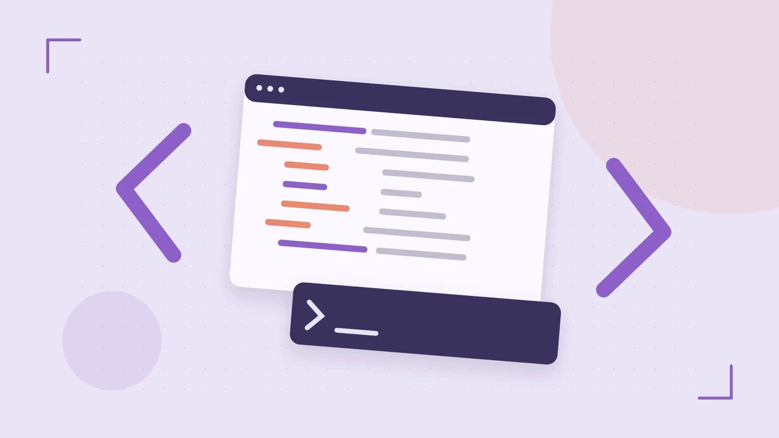 Editorial illustration of an abstract code editor, syntax blocks and oversized programming brackets