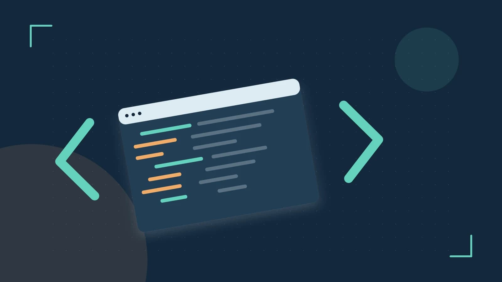Editorial illustration of an abstract code editor, syntax blocks and oversized programming brackets