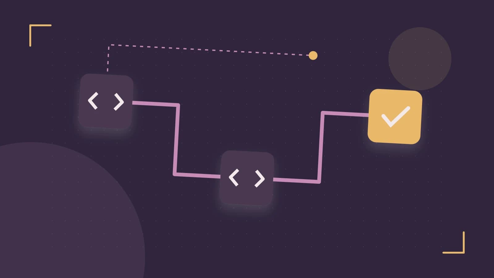 Editorial illustration of a branching build pipeline, staged transformations and a completed check