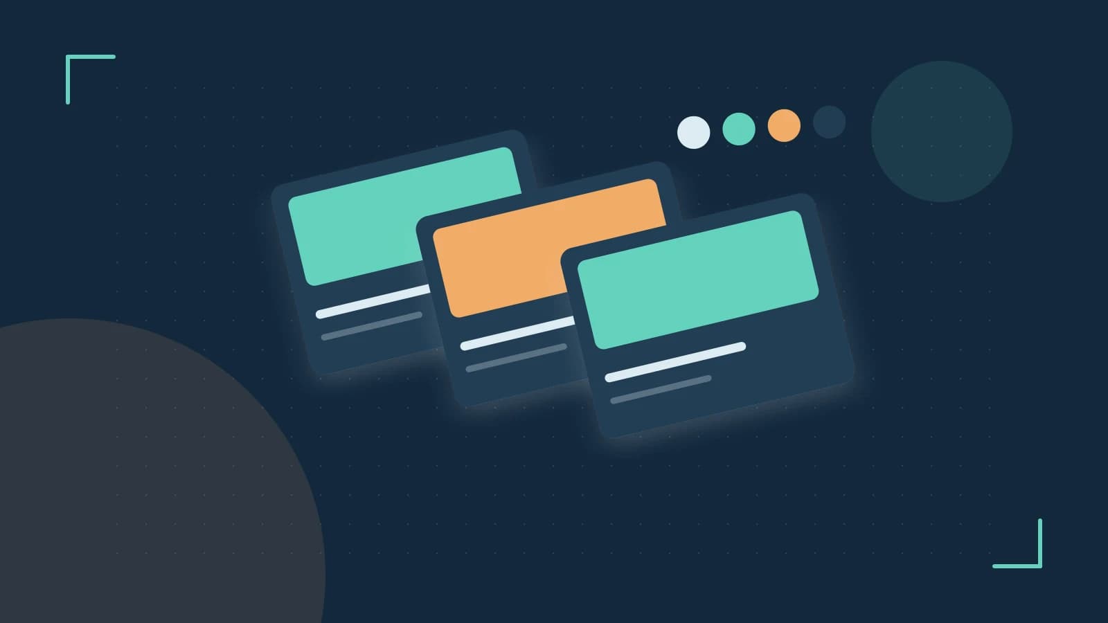 Editorial illustration of responsive browser layouts, overlapping design components and a color system