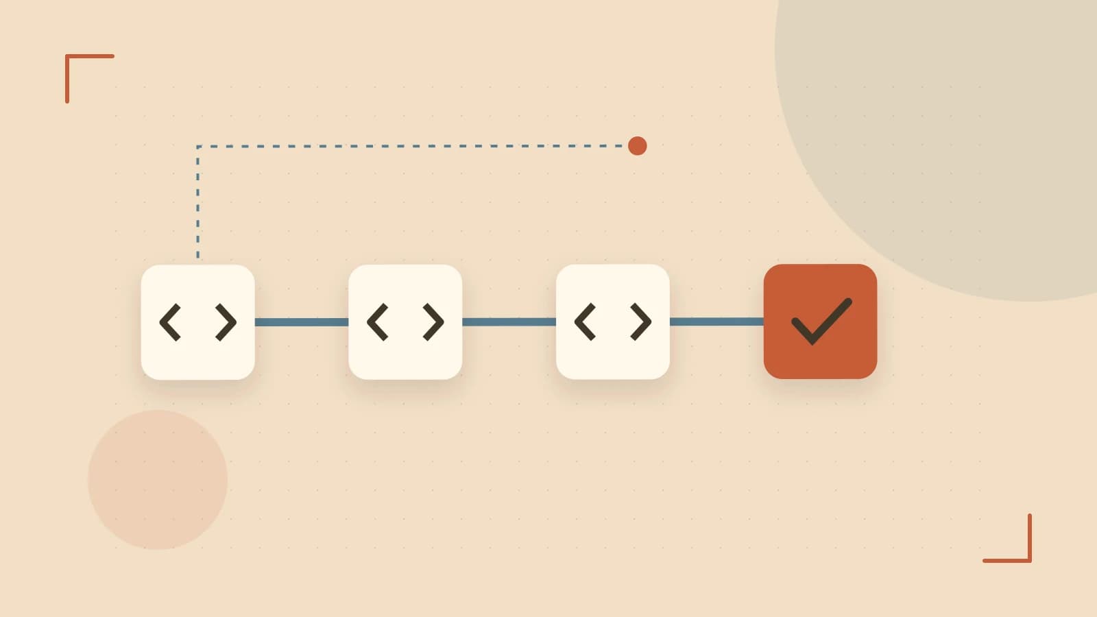 Editorial illustration of a branching build pipeline, staged transformations and a completed check