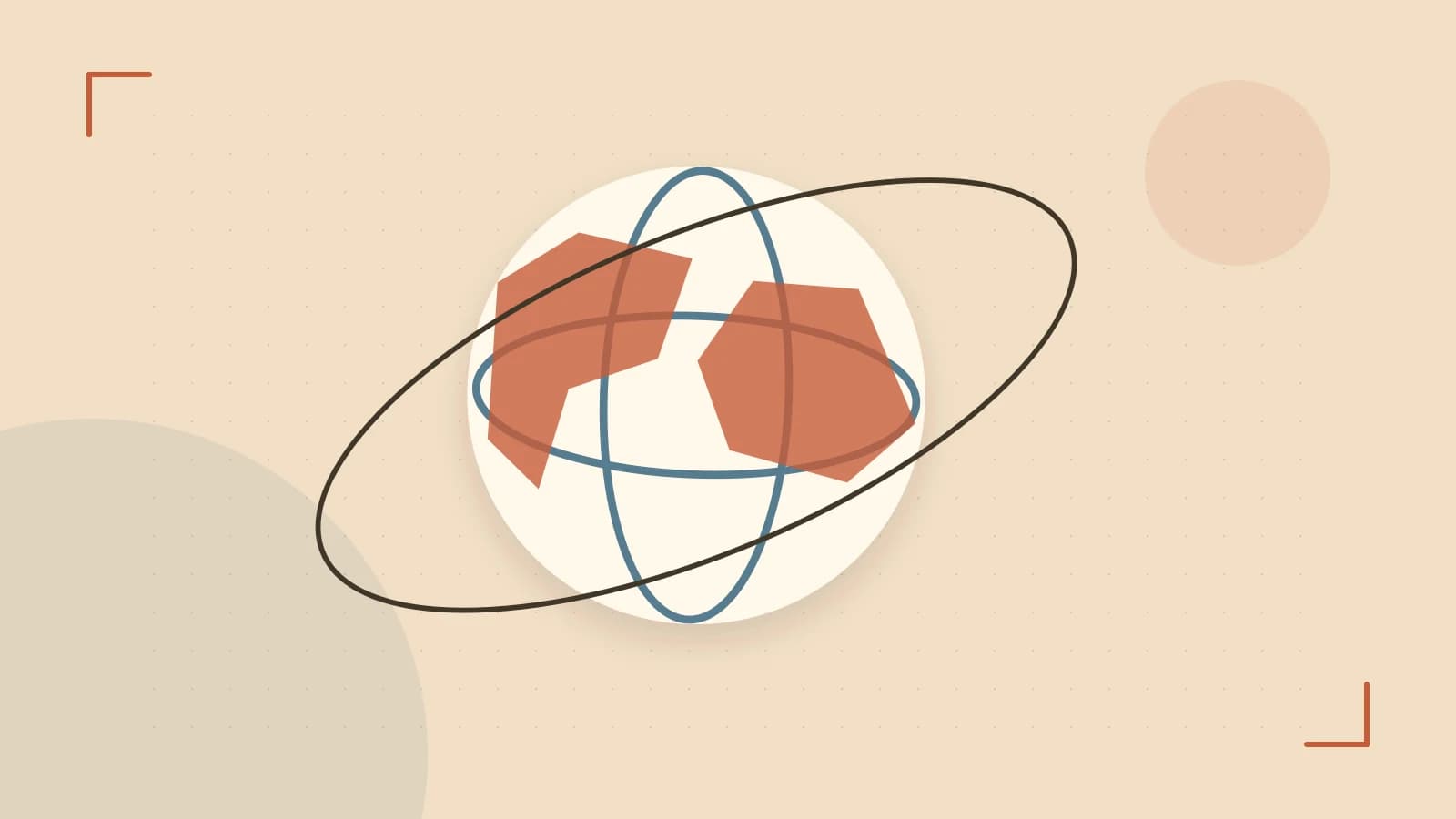 Editorial illustration of an editorial globe with meridians and layered geographic shapes