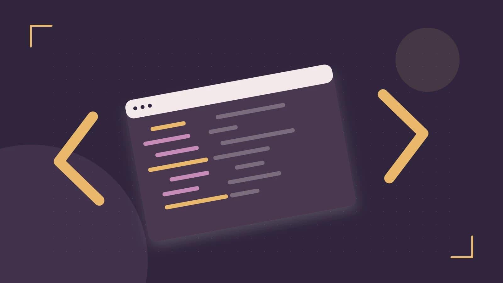 Editorial illustration of an abstract code editor, syntax blocks and oversized programming brackets