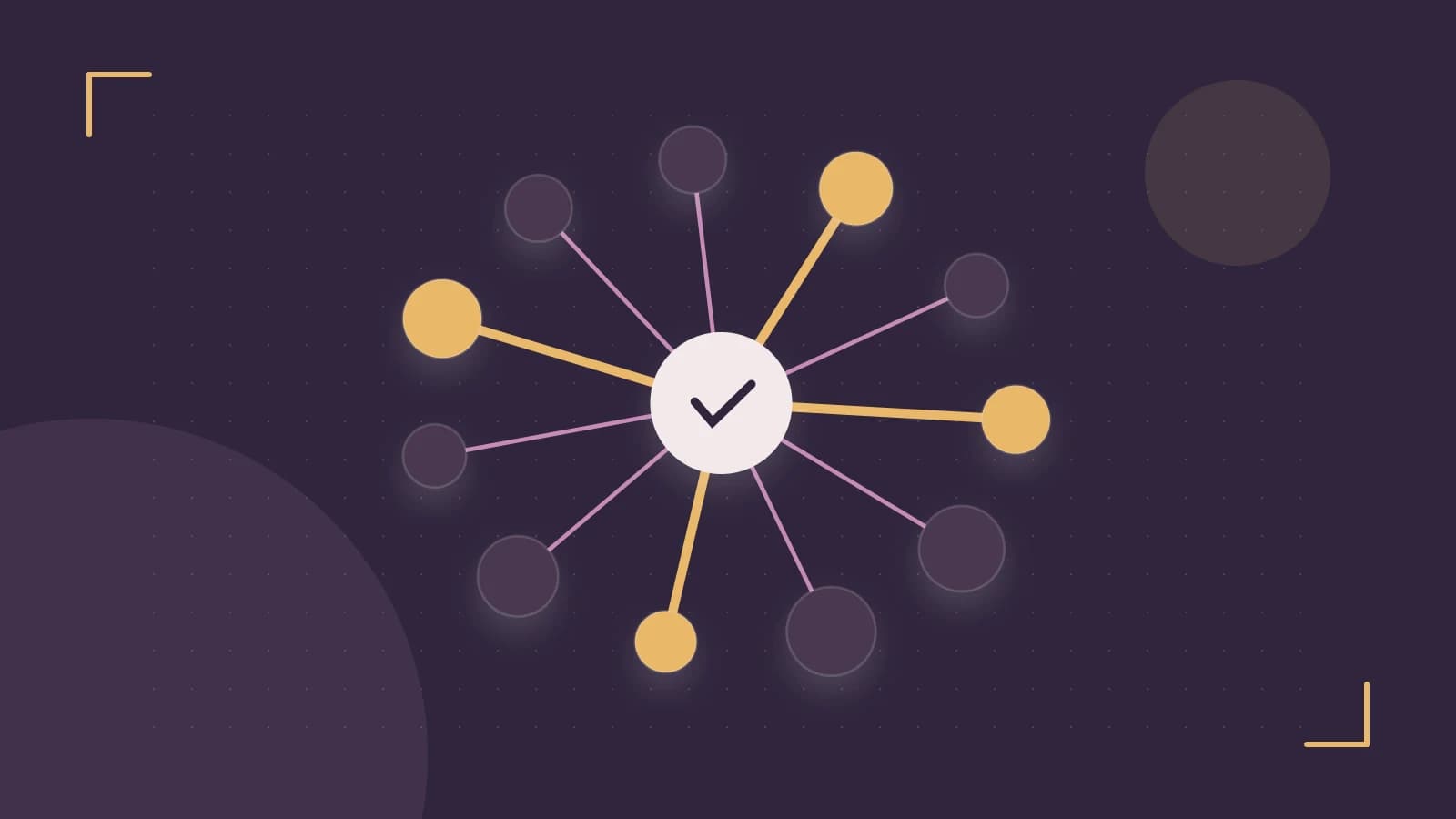 Editorial illustration of an algorithmic node graph with branching paths and a highlighted result