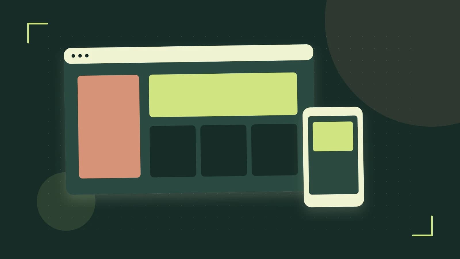 Editorial illustration of responsive browser layouts, overlapping design components and a color system