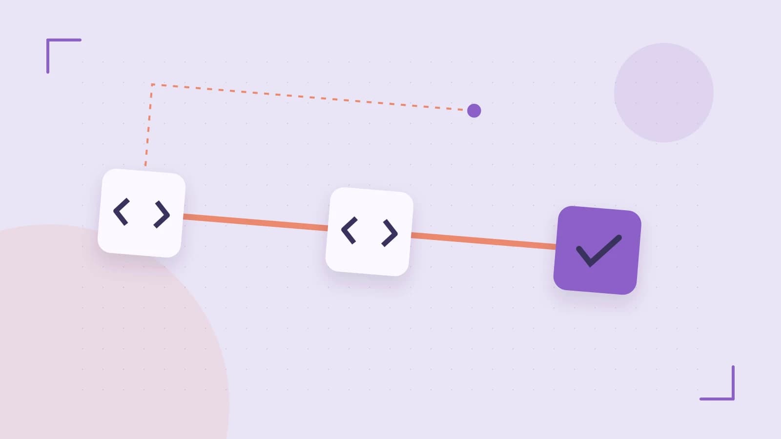 Editorial illustration of a branching build pipeline, staged transformations and a completed check