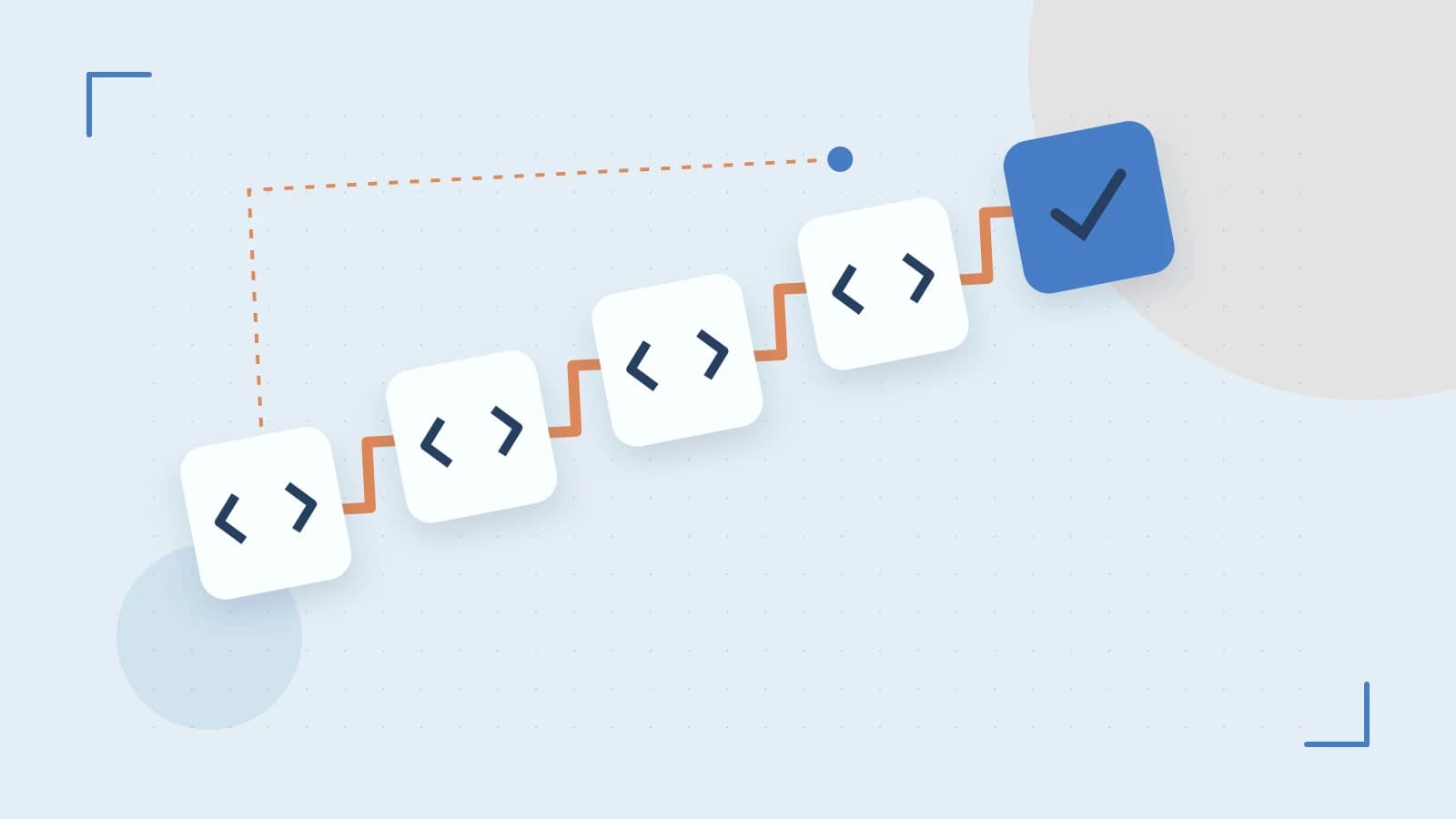 Editorial illustration of a branching build pipeline, staged transformations and a completed check