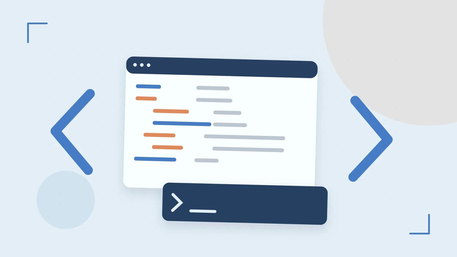 Editorial illustration of an abstract code editor, syntax blocks and oversized programming brackets