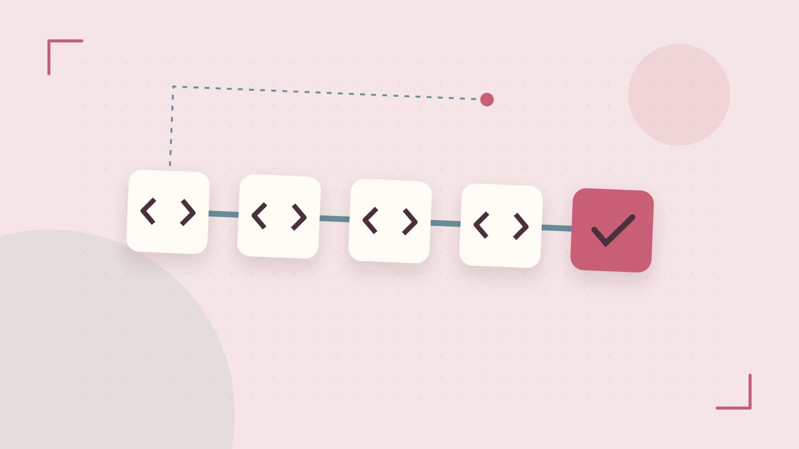 Editorial illustration of a branching build pipeline, staged transformations and a completed check