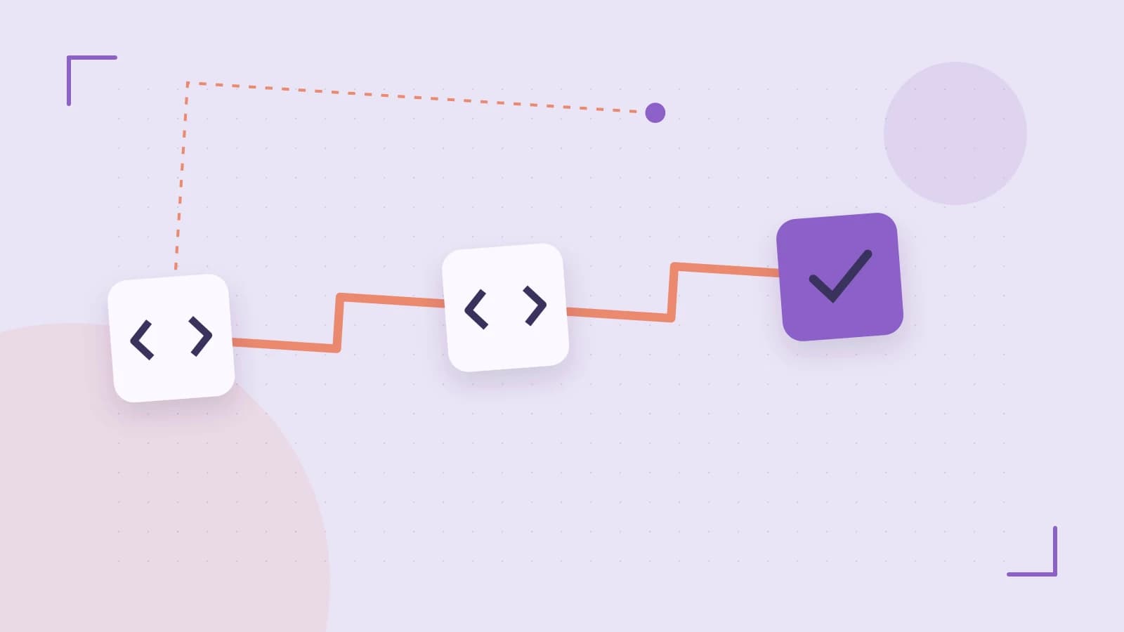 Editorial illustration of a branching build pipeline, staged transformations and a completed check