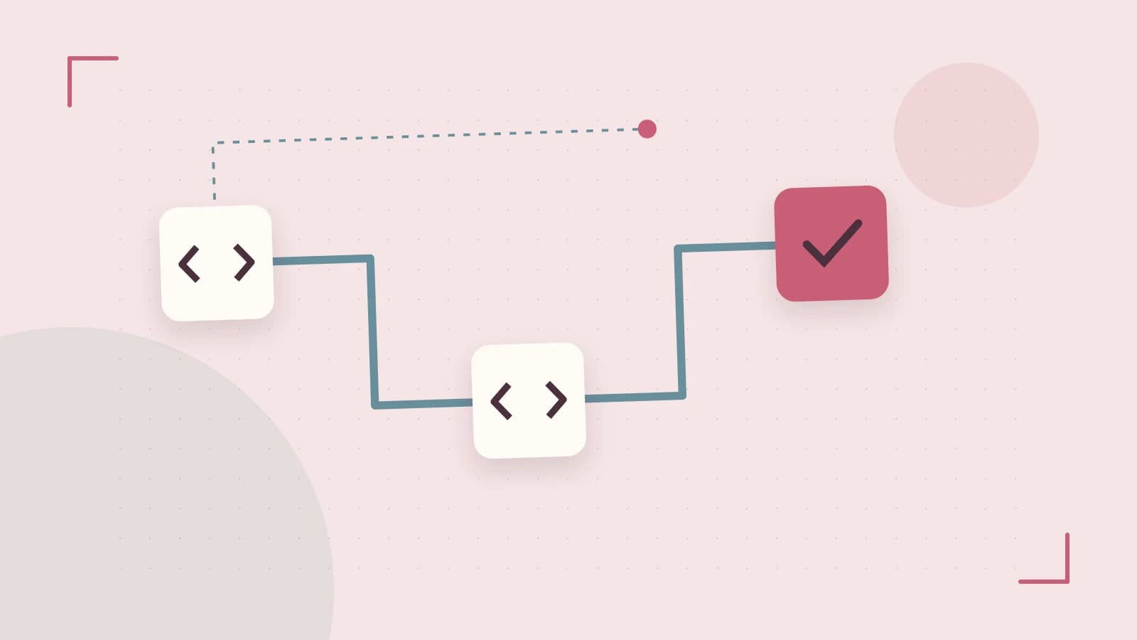Editorial illustration of a branching build pipeline, staged transformations and a completed check