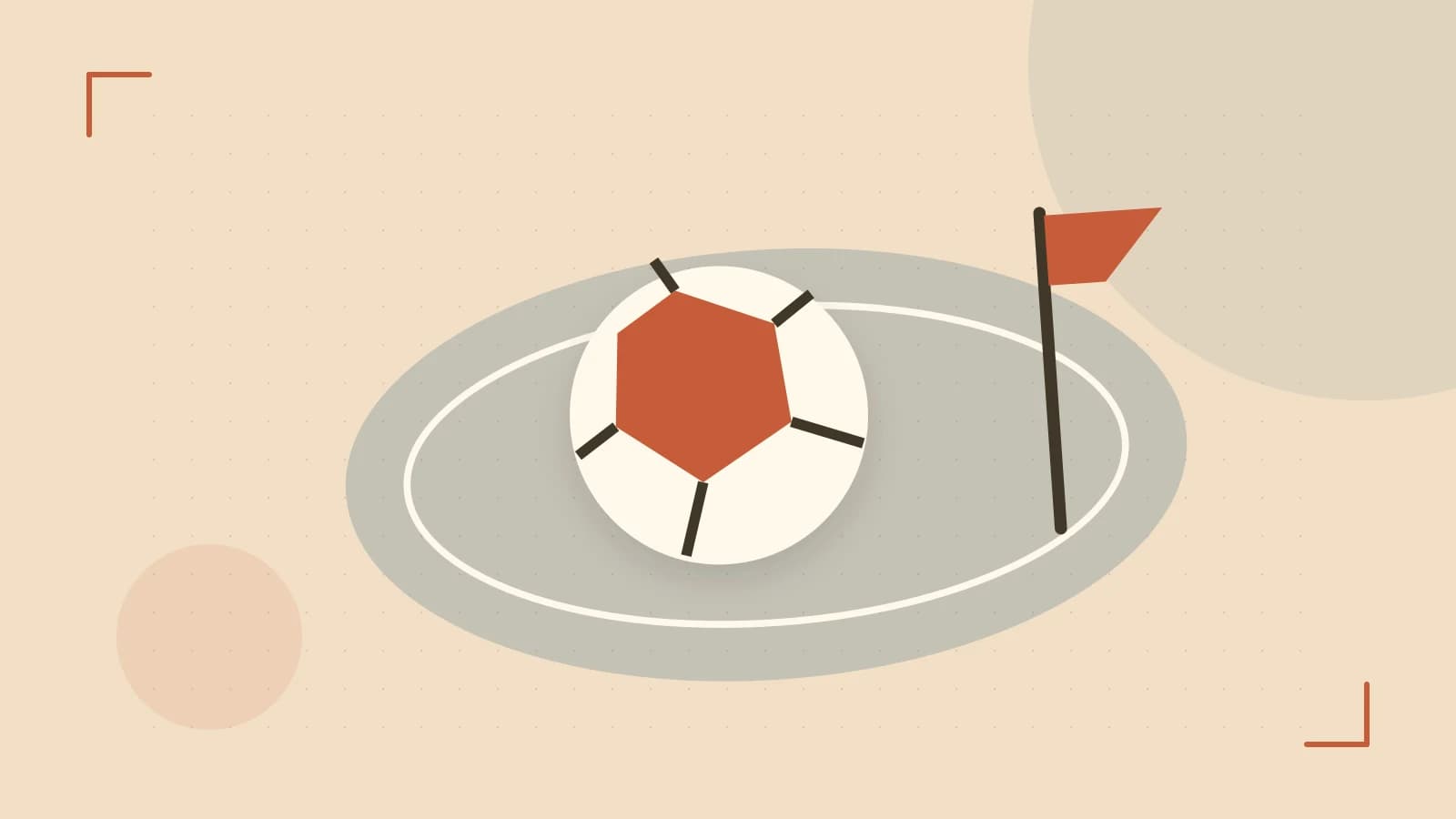 Editorial illustration of a stylized sports ball, stadium geometry and dynamic arcs