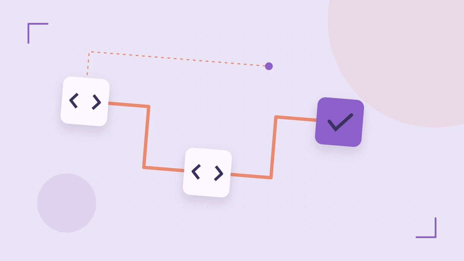 Editorial illustration of a branching build pipeline, staged transformations and a completed check