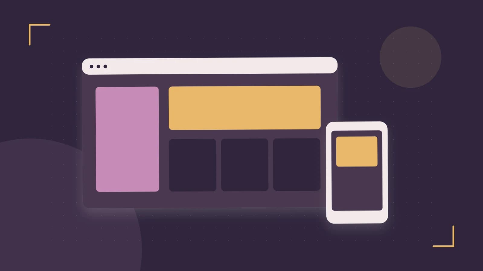 Editorial illustration of responsive browser layouts, overlapping design components and a color system