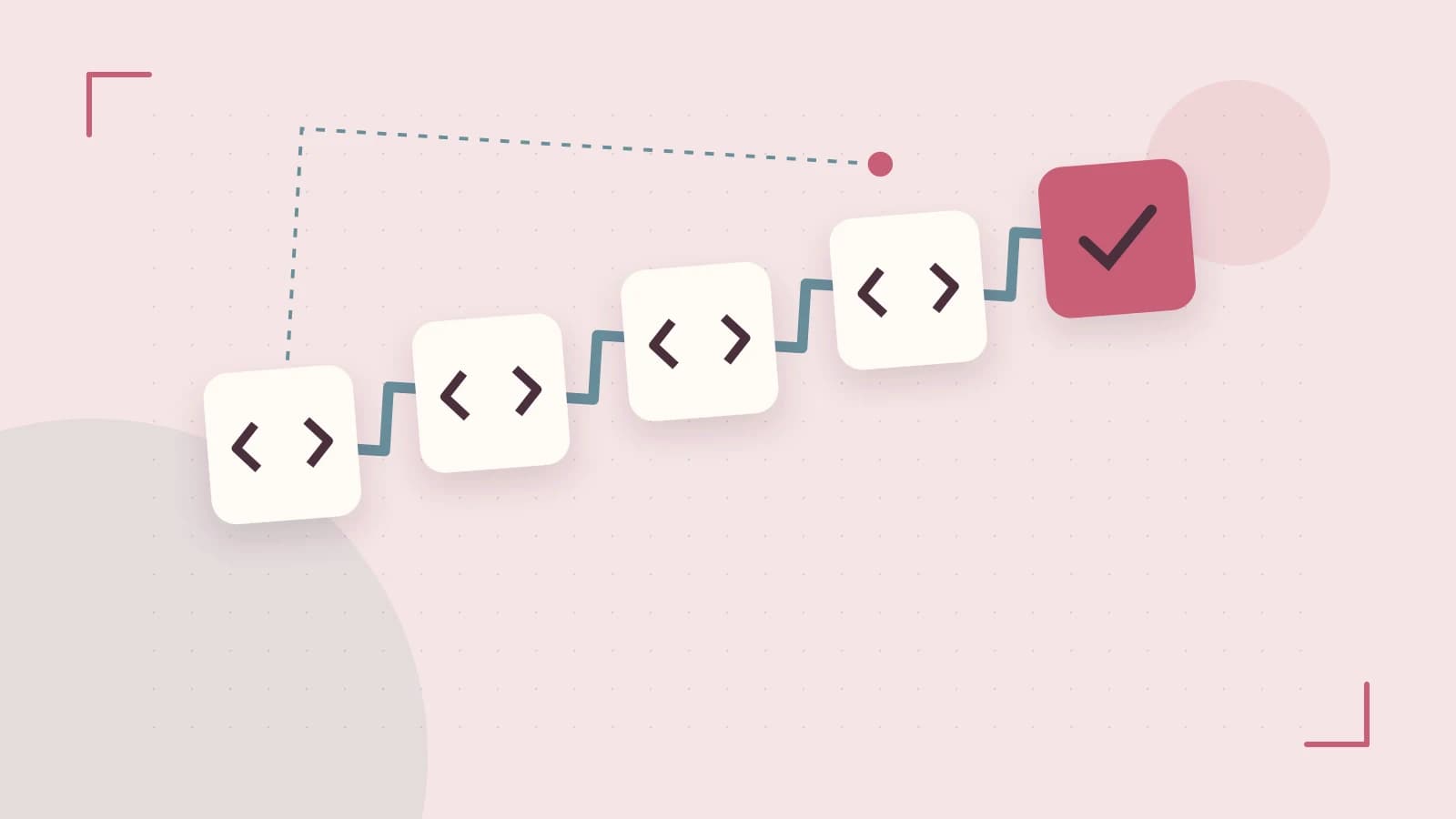 Editorial illustration of a branching build pipeline, staged transformations and a completed check