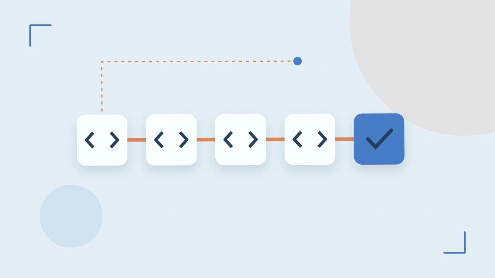 Editorial illustration of a branching build pipeline, staged transformations and a completed check