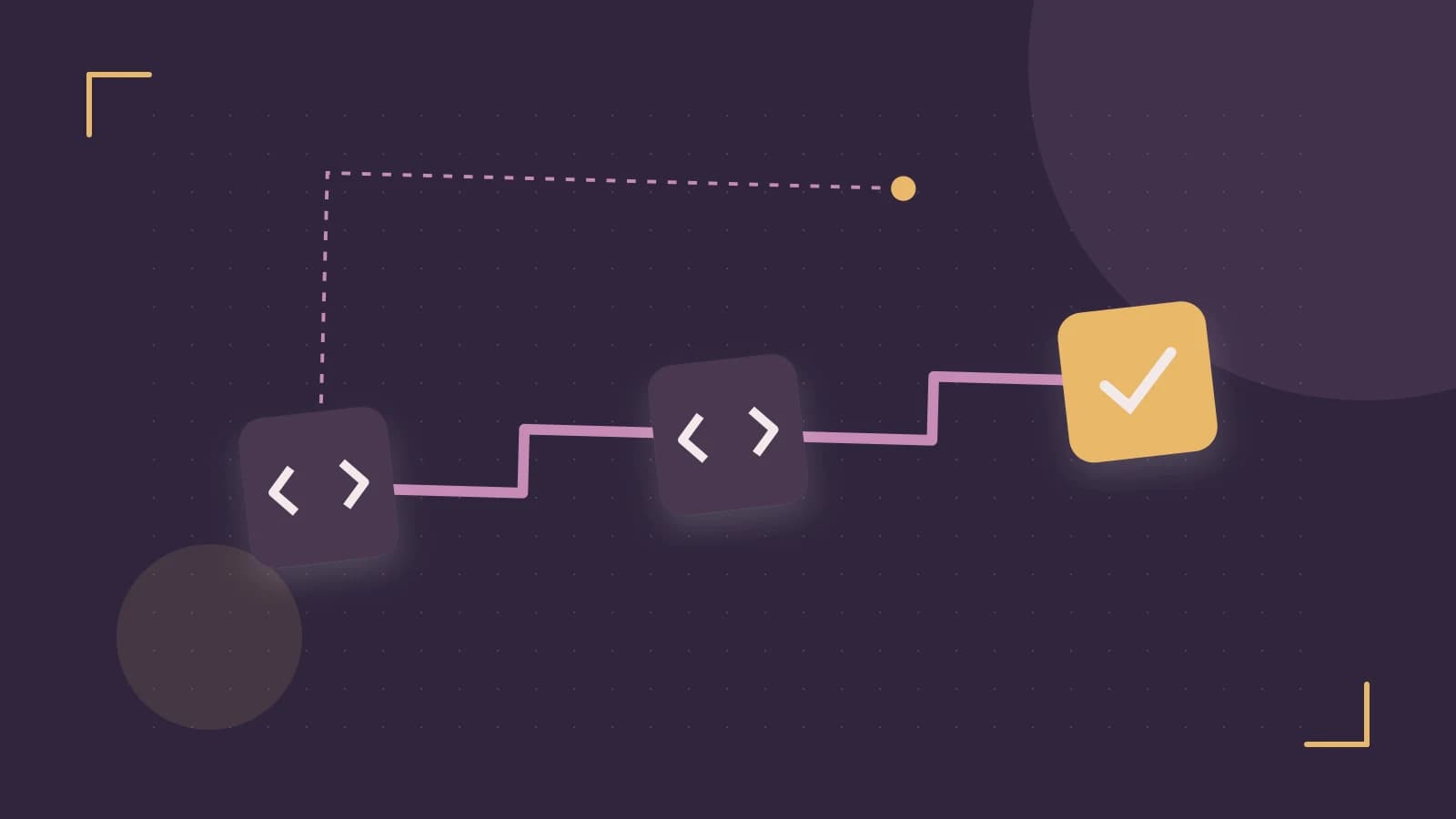 Editorial illustration of a branching build pipeline, staged transformations and a completed check