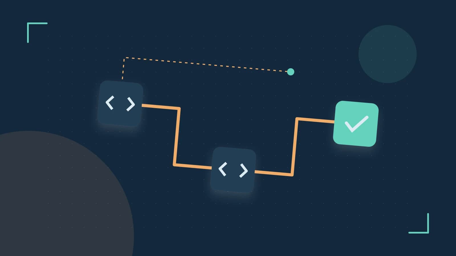 Editorial illustration of a branching build pipeline, staged transformations and a completed check