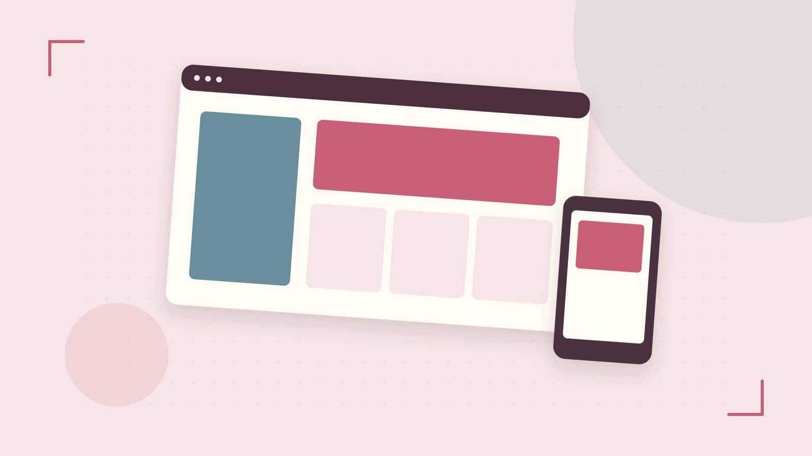 Editorial illustration of responsive browser layouts, overlapping design components and a color system