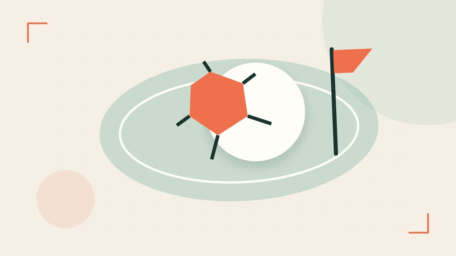 Editorial illustration of a stylized sports ball, stadium geometry and dynamic arcs