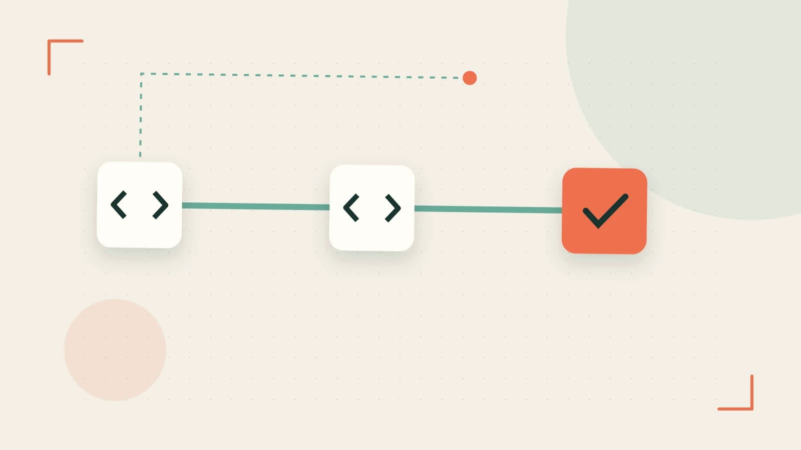 Editorial illustration of a branching build pipeline, staged transformations and a completed check