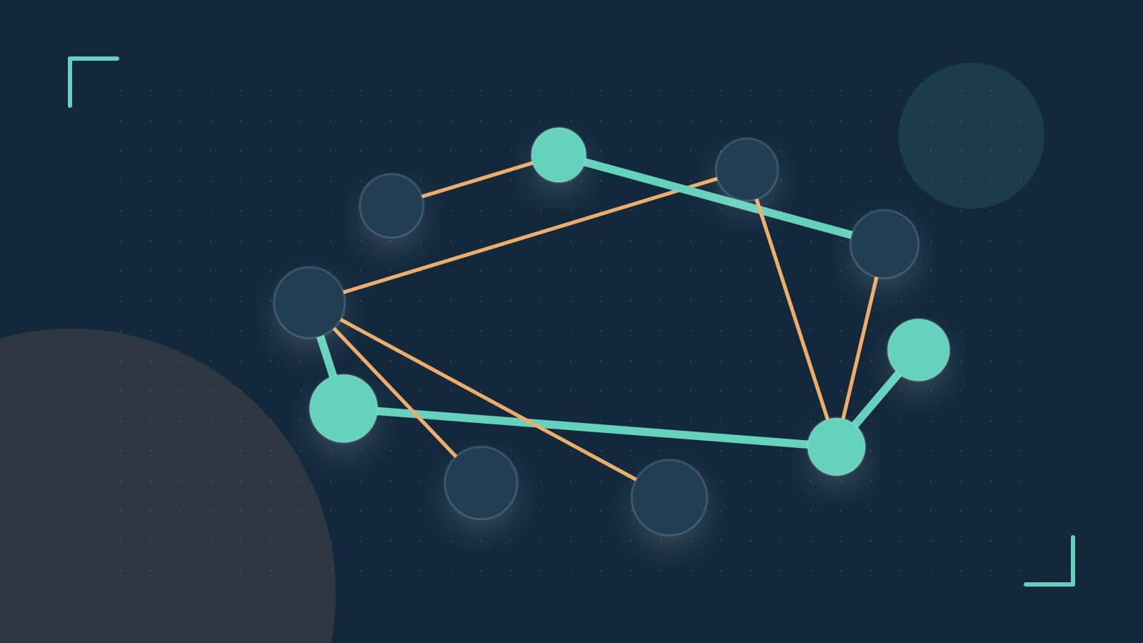 Editorial illustration of an algorithmic node graph with branching paths and a highlighted result