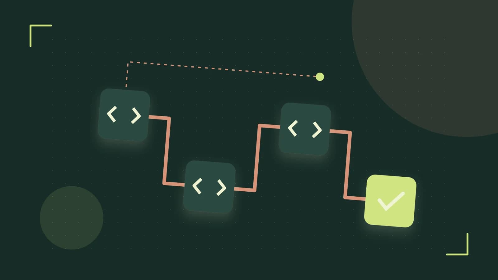 Editorial illustration of a branching build pipeline, staged transformations and a completed check