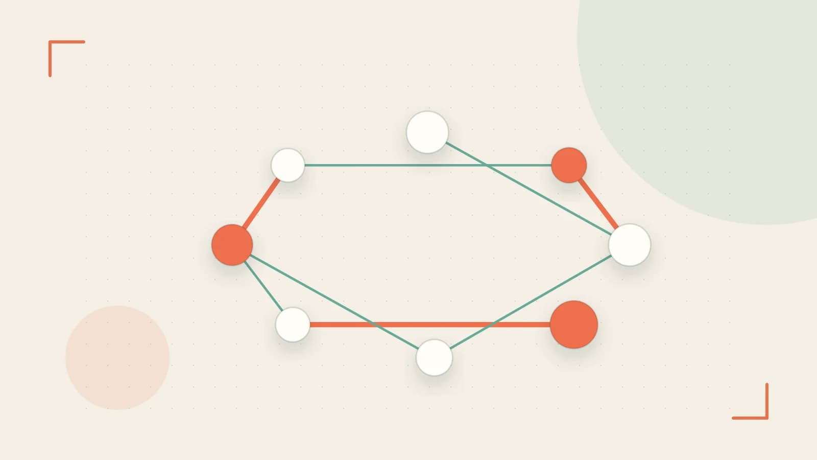 Editorial illustration of an algorithmic node graph with branching paths and a highlighted result