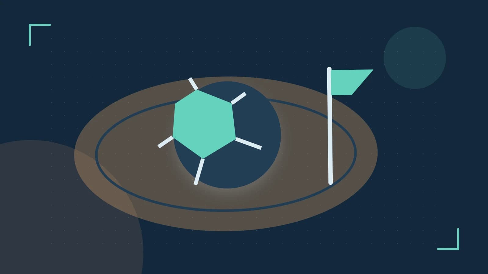 Editorial illustration of a stylized sports ball, stadium geometry and dynamic arcs