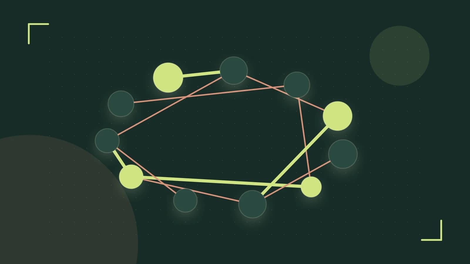 Editorial illustration of an algorithmic node graph with branching paths and a highlighted result