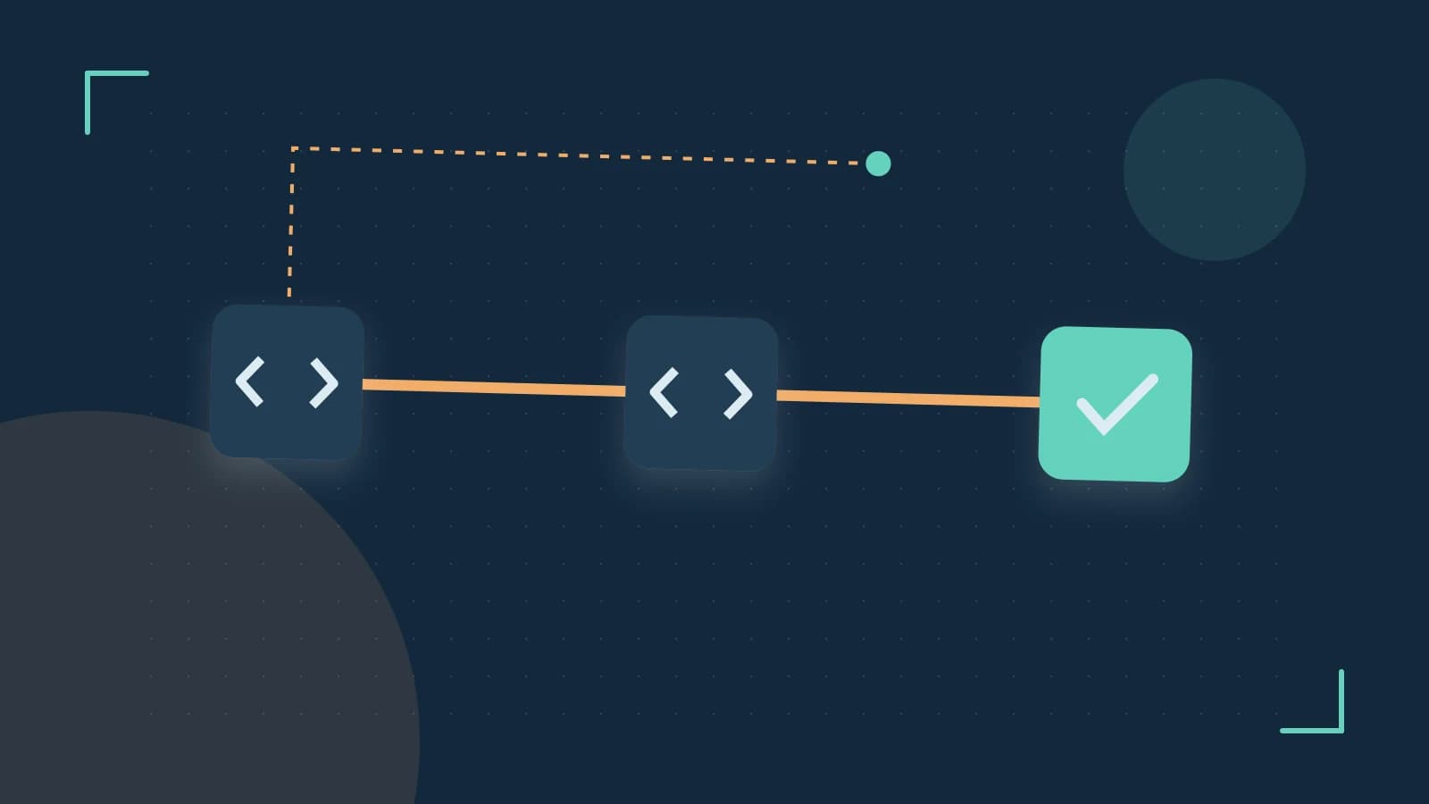 Editorial illustration of a branching build pipeline, staged transformations and a completed check