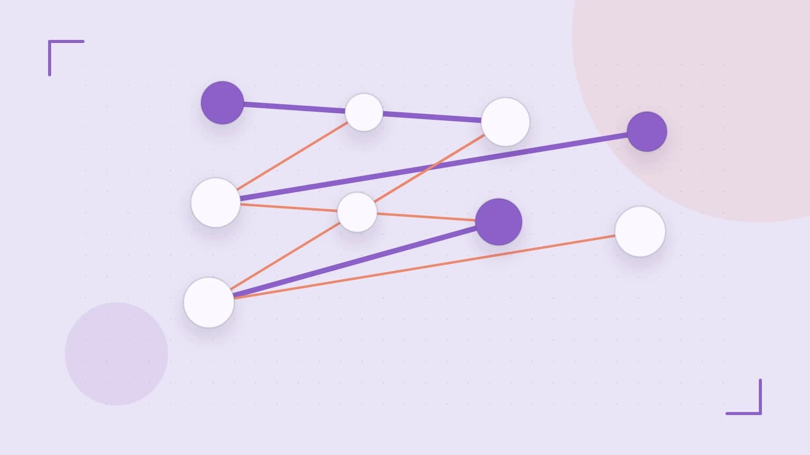 Editorial illustration of an algorithmic node graph with branching paths and a highlighted result