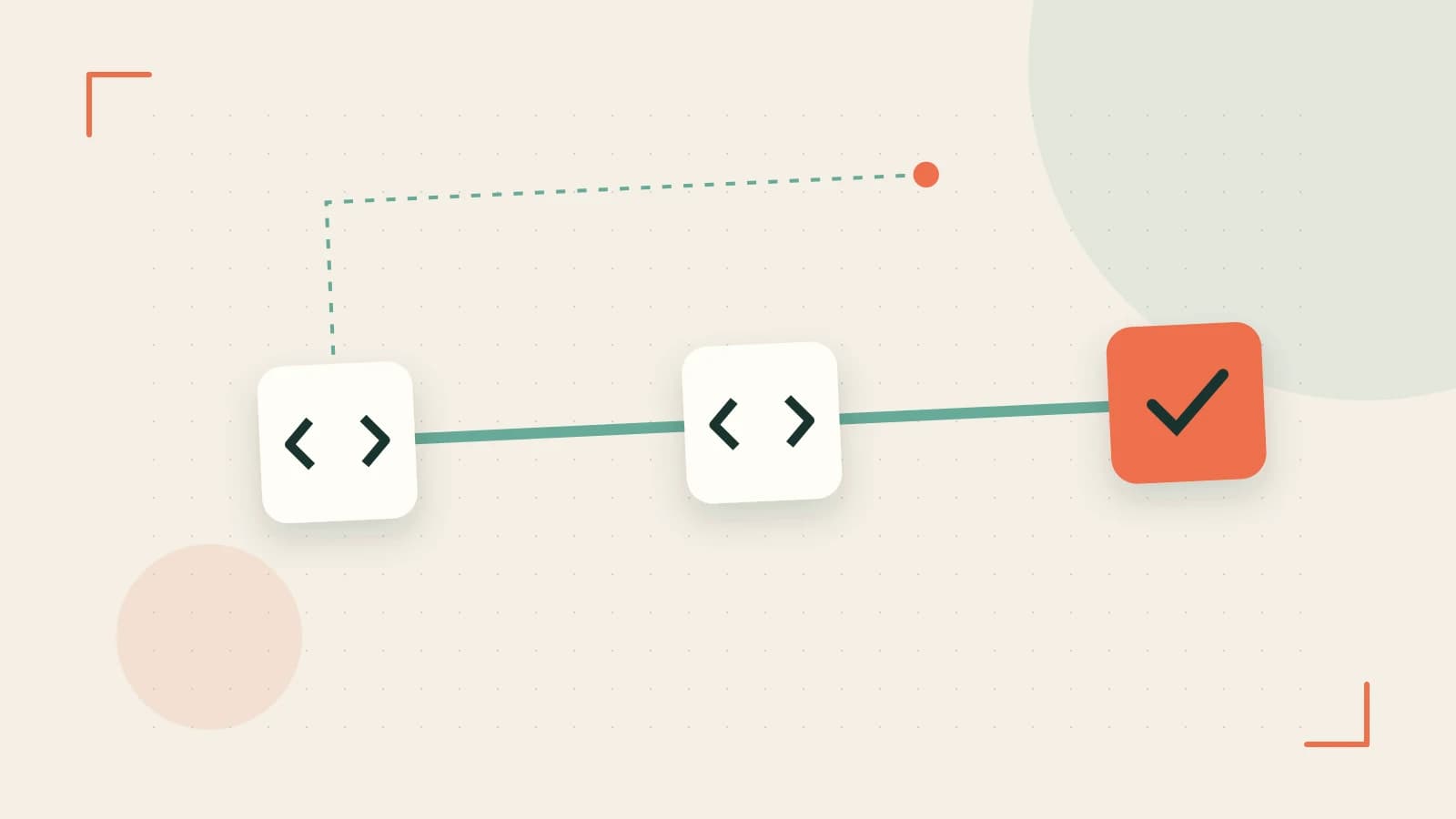 Editorial illustration of a branching build pipeline, staged transformations and a completed check