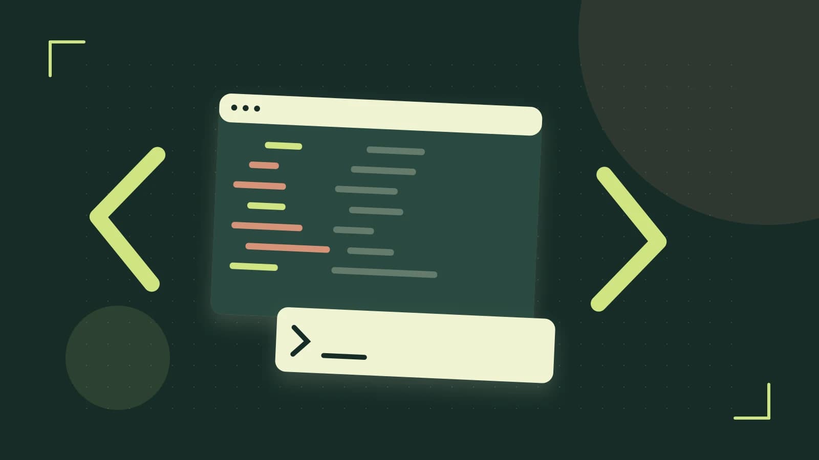 Editorial illustration of an abstract code editor, syntax blocks and oversized programming brackets