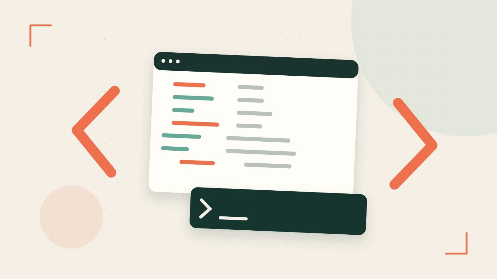 Editorial illustration of an abstract code editor, syntax blocks and oversized programming brackets