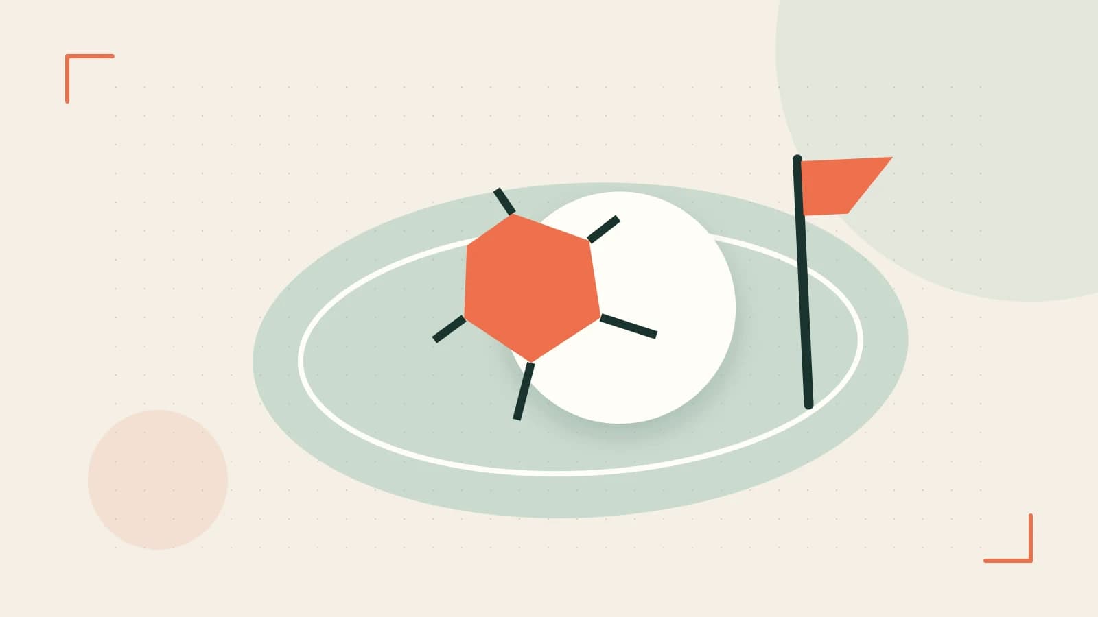 Editorial illustration of a stylized sports ball, stadium geometry and dynamic arcs