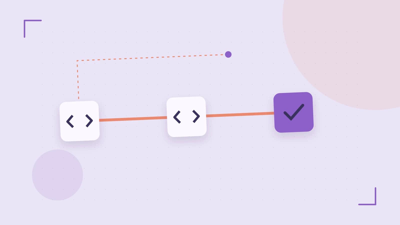 Editorial illustration of a branching build pipeline, staged transformations and a completed check