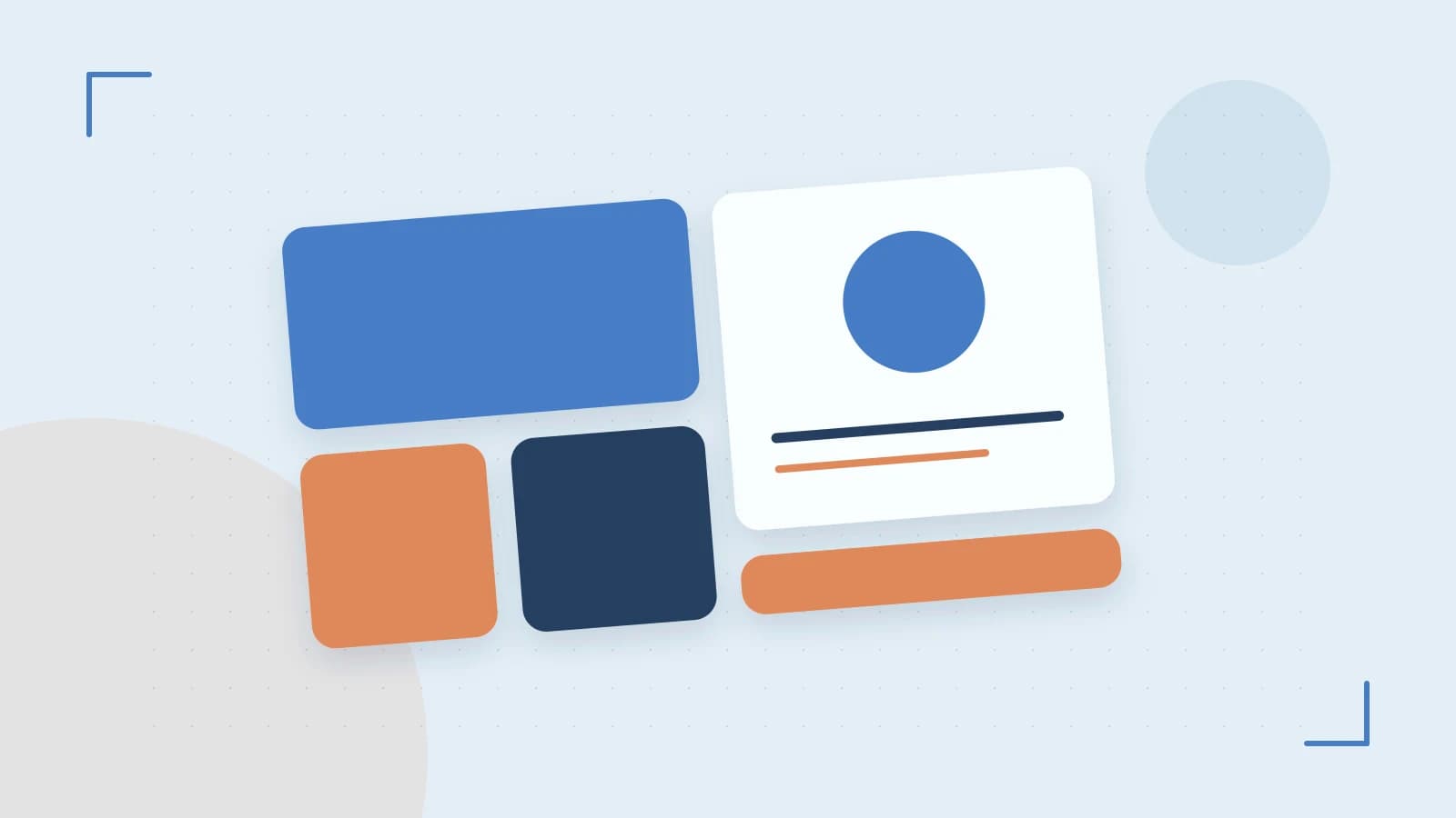 Editorial illustration of responsive browser layouts, overlapping design components and a color system