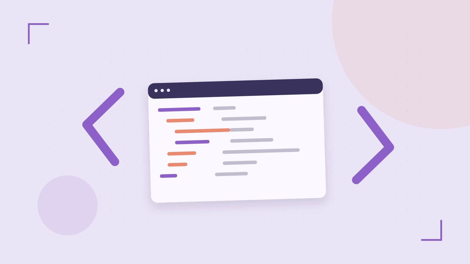 Editorial illustration of an abstract code editor, syntax blocks and oversized programming brackets