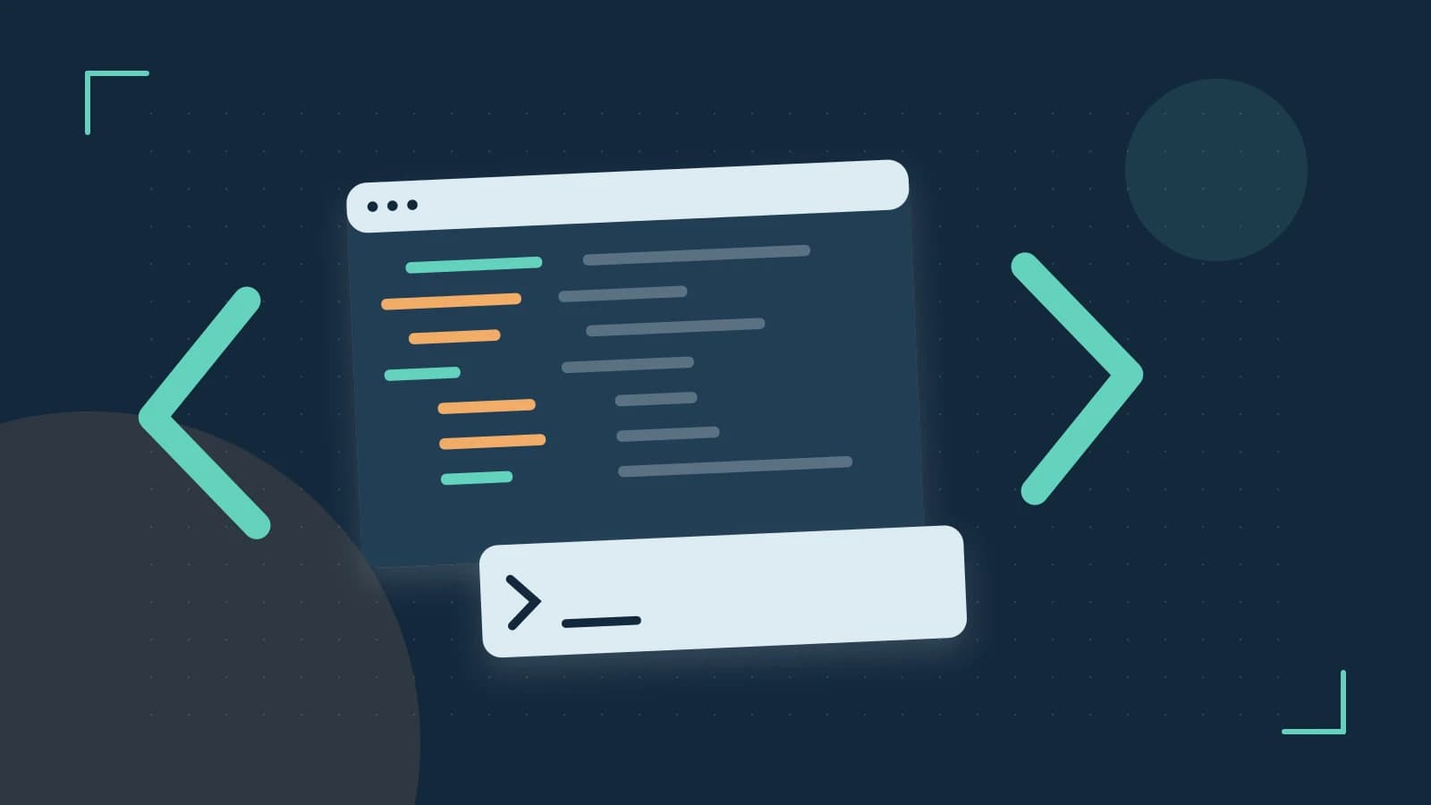 Editorial illustration of an abstract code editor, syntax blocks and oversized programming brackets