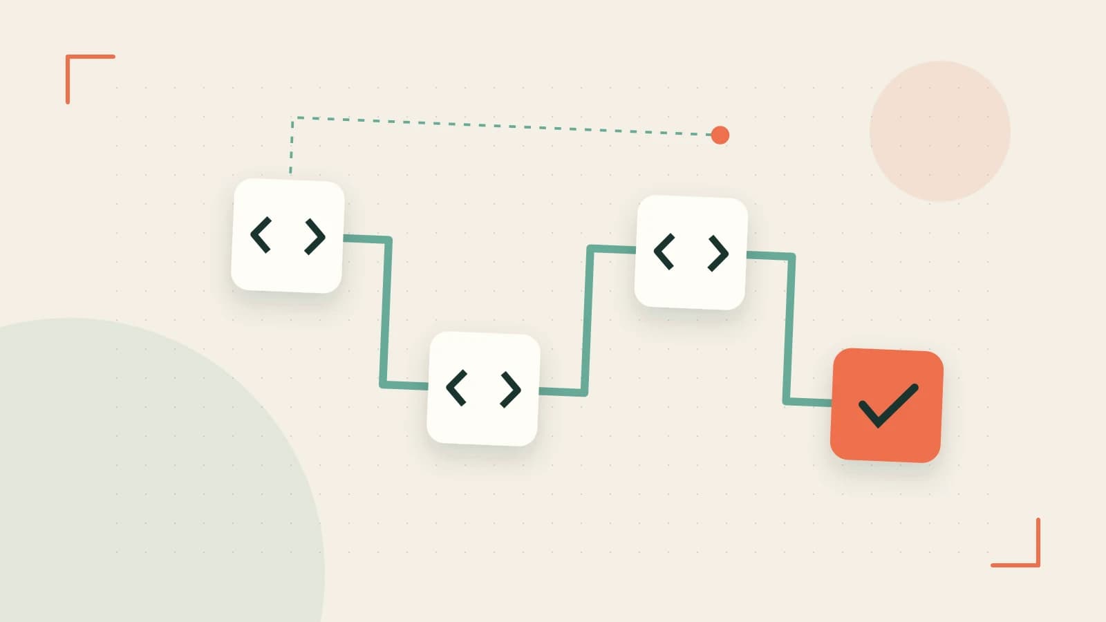 Editorial illustration of a branching build pipeline, staged transformations and a completed check