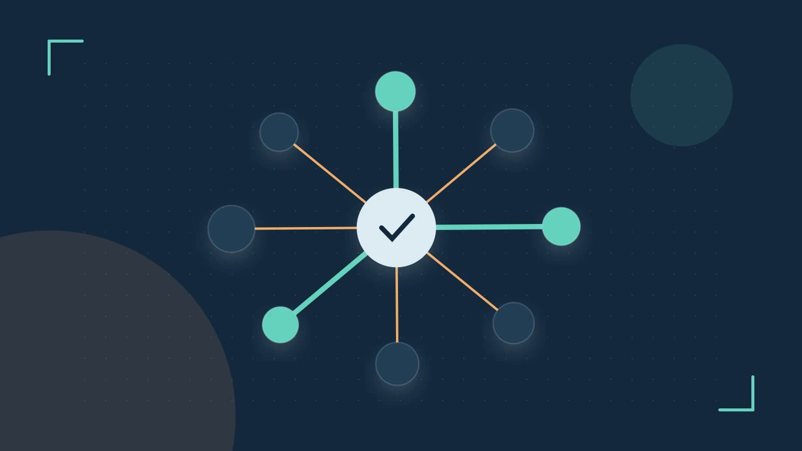 Editorial illustration of an algorithmic node graph with branching paths and a highlighted result