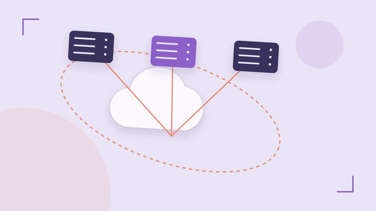 Editorial illustration of cloud infrastructure, connected server racks and an orbital service map
