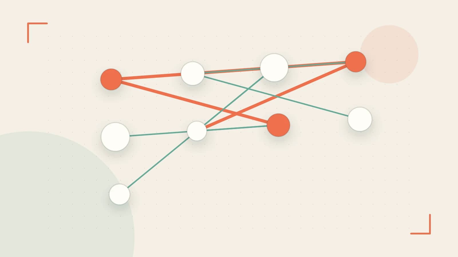 Editorial illustration of an algorithmic node graph with branching paths and a highlighted result