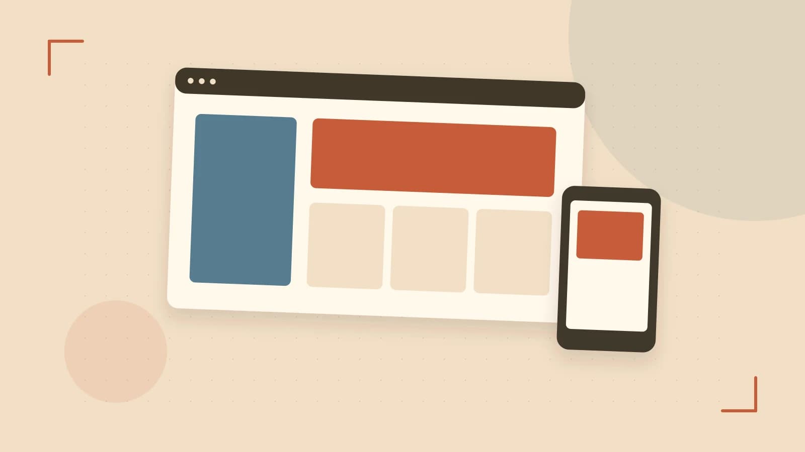 Editorial illustration of responsive browser layouts, overlapping design components and a color system