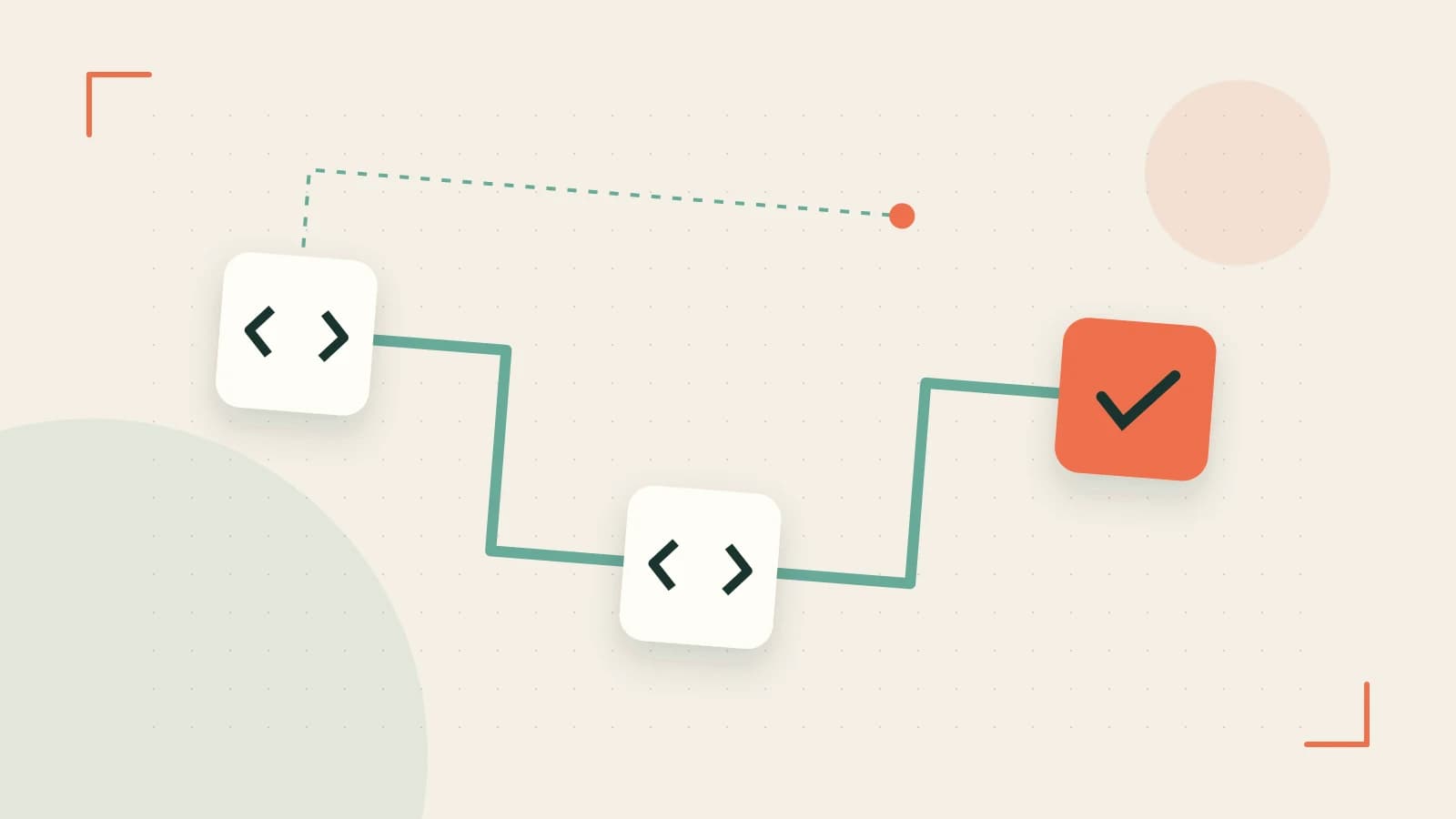 Editorial illustration of a branching build pipeline, staged transformations and a completed check