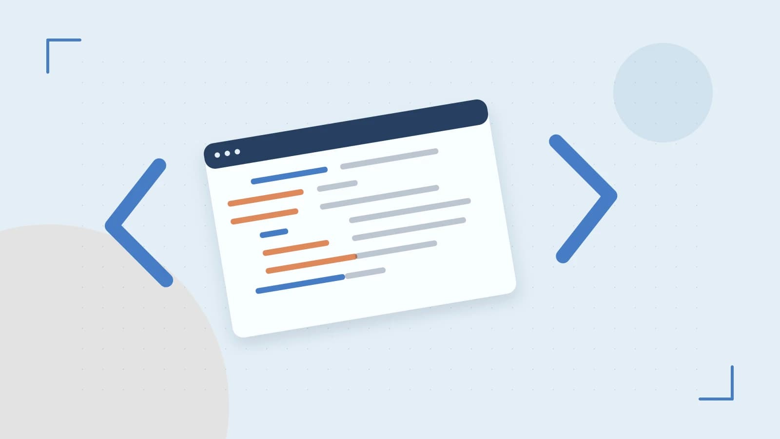 Editorial illustration of an abstract code editor, syntax blocks and oversized programming brackets