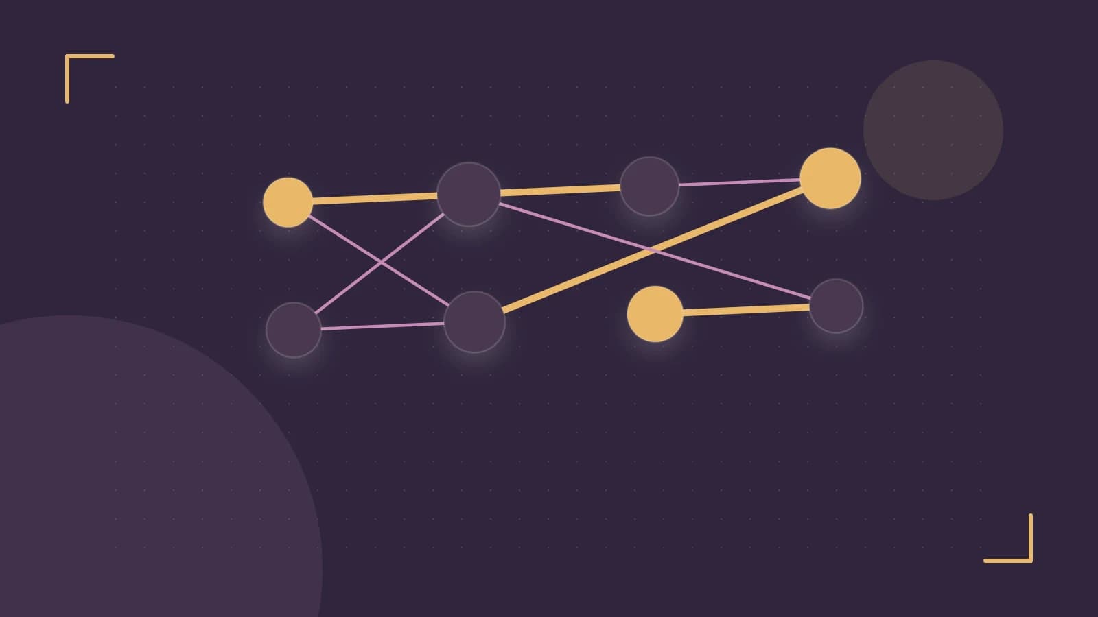 Editorial illustration of an algorithmic node graph with branching paths and a highlighted result
